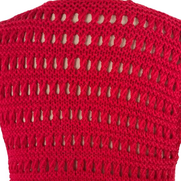 Vintage 70s red hand knit long vest Small Medium - Picture 2 of 5